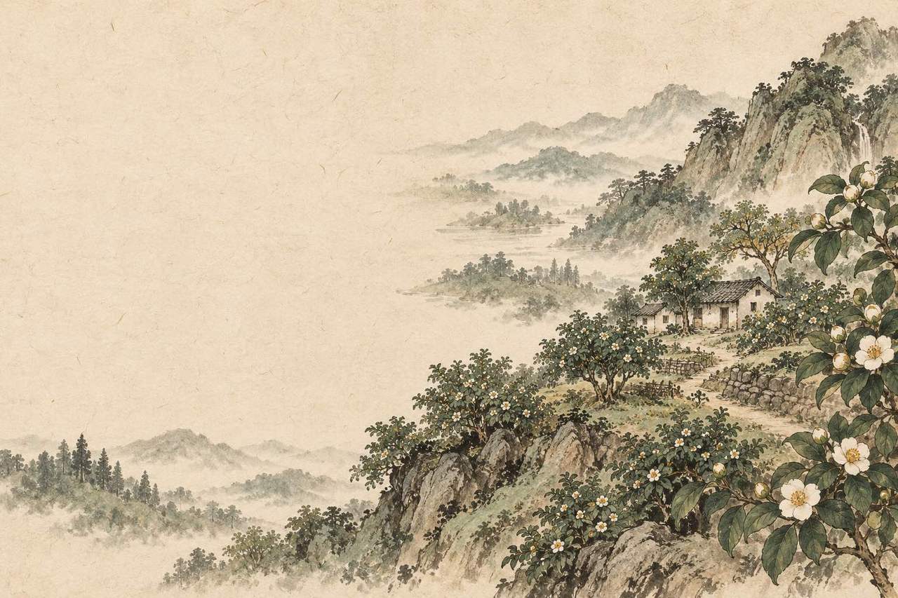 AI生成的品牌水墨装饰插画：山峦、花树与屋舍，非实拍地貌。